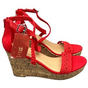 Mossimo Novalee Wedge Sandals Red Braided Straps Cork Platform Ankle Zip 10 Size